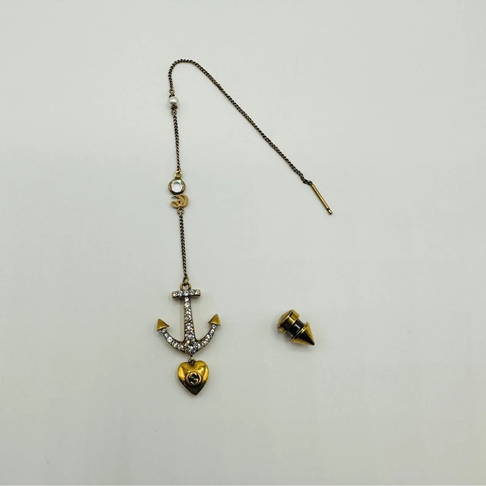 Gucci Aged Single Drop Earring with Anchor and Heart Charm